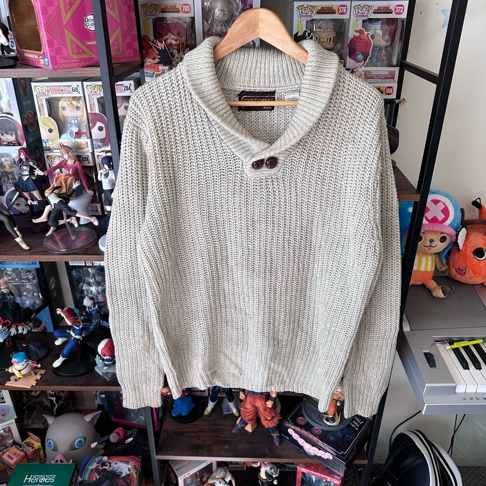 Vintage Sears Knit Sweater Cream Oversized Shawl Collar Size S
